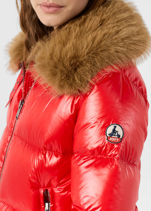 Great cold glittering fake fur padded jacket Carmine red Nevada shiny - JOTT UK - 5