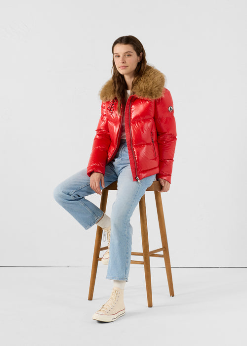 Great cold glittering fake fur padded jacket Carmine red Nevada shiny - JOTT UK - 3