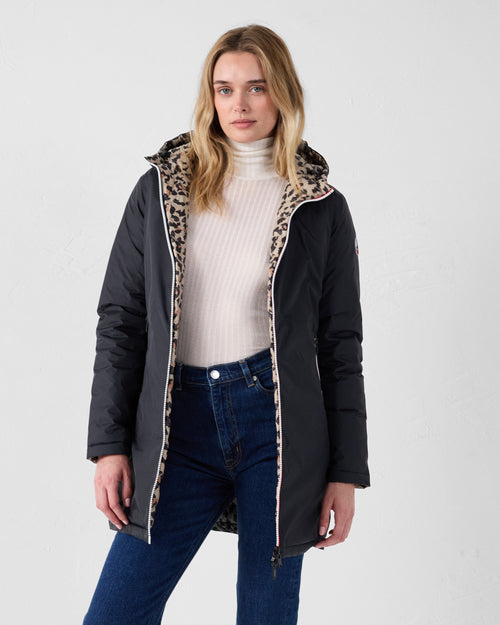 Long reversible jacket Black/leopard beige Verone print - JOTT UK - 2