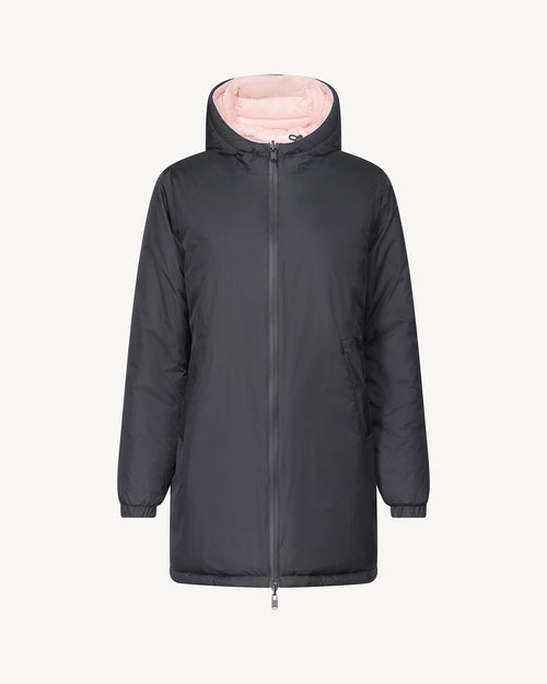 Black/Petal rose Roma 2.0 long reversible puffer jacket - JOTT UK - 2