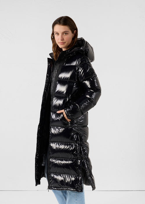 Long hooded lacquered down jacket Black Karachi - JOTT UK - 3