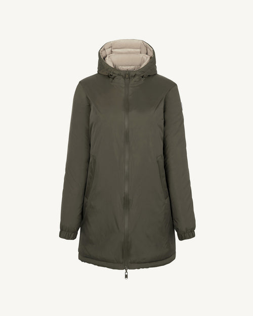 Army/Beige Roma 2.0 long reversible puffer jacket - JOTT UK - 2